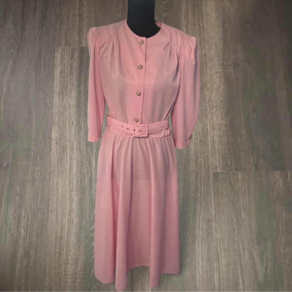 Vintage California Looks Pink Belted Midi Dress Size 8 USA